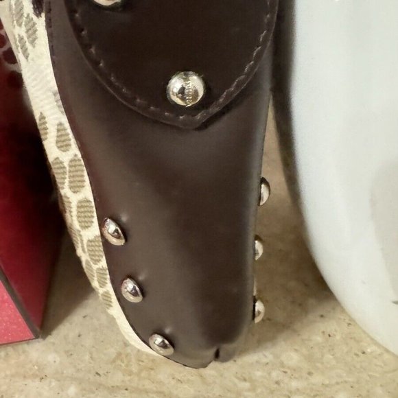 FURLA Beige and Tan Canvas and Leather Gold Studded Shoulder Bag *Very Very Rare - Picture 10 of 16